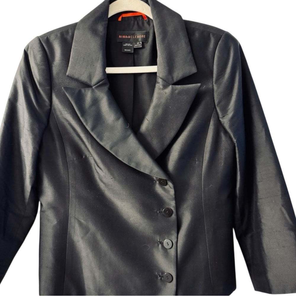 Nina Mclemore Silk Shantung Double Breasted Jacket Black Like New Size 6 Luxury